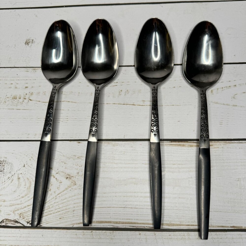 4 Interpur Stainless Black Handle TableSpoon‎ Canoe Heart Scroll Pattern Japan